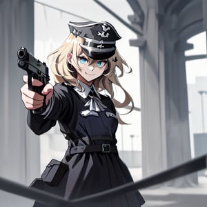 1girl, solo, blonde hair, long hair, hair between eyes, blue eyes, ahoge, bair, hair ornament, grapes ornament, nazi uniform, long sleeves, fbi uniform, crime scene background, pointing a gun at the camera, xuer pistol, black uniform, small breasts, 1 pistol, collar, nazi uniform, tgag, nazi, Nazi red ribbon, red ribbon, evil smile, evil eyes