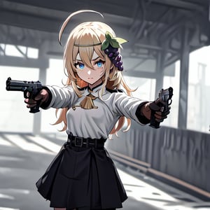 1girl, solo, blonde hair, long hair, hair between eyes, blue eyes, ahoge, bair, hair ornament, grapes ornament, nazi uniform, long sleeves, fbi uniform, crime scene background, pointing a gun at the camera, xuer pistol, black uniform, small breasts, 1 pistol, collar, nazi uniform, tgag, nazi, 