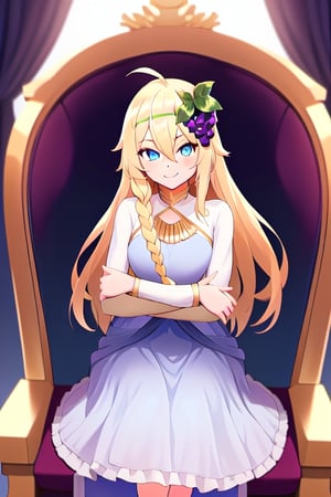 1girl, solo, blonde hair, long hair,hair between eyes, blue eyes,ahoge, braid, hair ornament,grapes, blue dress, long sleeves, gradient dress, layered dress, dress, white dress, (sitting:1.1), (trone, gold trone:1.2), pose, palace, evil smile, evil eyes, evil posing