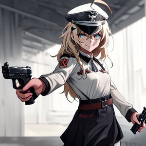 1girl, solo, blonde hair, long hair, hair between eyes, blue eyes, ahoge, bair, hair ornament, grapes ornament, nazi uniform, long sleeves, fbi uniform, crime scene background, pointing a gun at the camera, xuer pistol, black uniform, small breasts, 1 pistol, collar, nazi uniform, tgag, nazi, Nazi red ribbon, red ribbon, evil smile, evil eyes