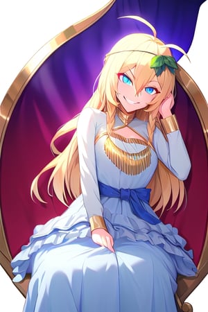 1girl, solo, blonde hair, long hair,hair between eyes, blue eyes,ahoge, braid, hair ornament,grapes, blue dress, long sleeves, gradient dress, layered dress, dress, white dress, (sitting:1.1), (trone, gold trone:1.2), palace, (evil smile, evil eyes:1.4), upper body,edgGesugao, closed mouth, hand on head, head leaning on hand