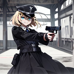 1girl, solo, blonde hair, long hair, hair between eyes, blue eyes, ahoge, bair, hair ornament, grapes ornament, nazi uniform, long sleeves, fbi uniform, crime scene background, pointing a gun at the camera, xuer pistol, black uniform, small breasts, 1 pistol, collar, nazi uniform, tgag, nazi, Nazi red ribbon, red ribbon, evil smile, evil eyes, 10yo, 