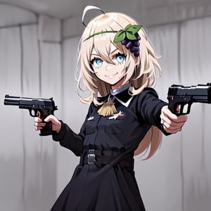 1girl, solo, blonde hair, long hair, hair between eyes, blue eyes, ahoge, bair, hair ornament, grapes ornament, nazi uniform, long sleeves, fbi uniform, crime scene background, pointing a gun at the camera, xuer pistol, black uniform, small breasts, 1 pistol, collar, nazi uniform, tgag, nazi, Nazi red ribbon, red ribbon, evil smile, evil eyes, 10yo, 