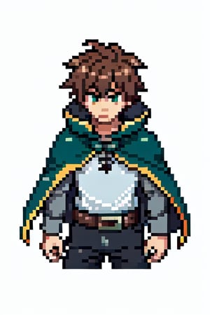 anime, short hair, brown hair, green eyes, cape, green cape, white shirt, black pants, brown belt, 1boy, serious, pixelart,Pixel art