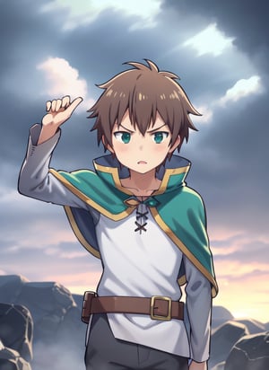 1boy, anime, short hair, brown hair, green eyes, cape, green cape, white shirt, black pants, brown belt, 1boy, serious, gray sleeves, black pants, 