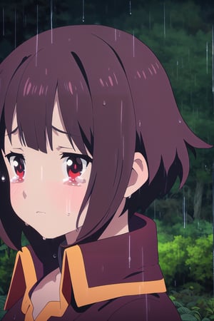 1girl, megumin, Megumin, portraithighly detailed, high quality, good color mix, (full rear and panoramic shot), solo, sad atmosphere, (eyes with tears, looking down), red dress, in a forest with a noticeable heavy rain, detailed background, portrait, illustration, brown hair, short hair