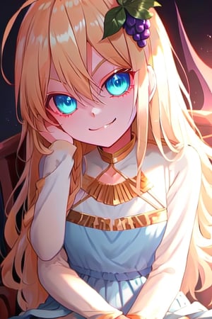 1girl, solo, blonde hair, long hair,hair between eyes, blue eyes,ahoge, braid, hair ornament,grapes, blue dress, long sleeves, gradient dress, layered dress, dress, white dress, (sitting:1.1), (trone, gold trone:1.2), palace, (evil smile, evil eyes:1.4), upper body, closed mouth, hand on head, head leaning on hand, blue eyes
