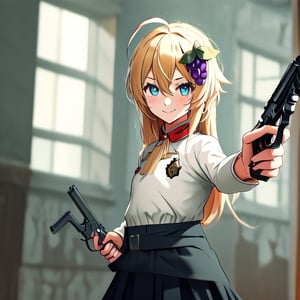 1girl, solo, blonde hair, long hair, hair between eyes, blue eyes, ahoge, bair, hair ornament, grapes ornament, nazi uniform, long sleeves, fbi uniform, crime scene background, pointing a gun at the camera, xuer pistol, black uniform, small breasts, 1 pistol, collar, evil smile, evil eyes, 10yo, ranoa magic academy school uniform 