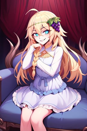 1girl, solo, blonde hair, long hair,hair between eyes, blue eyes,ahoge, braid, hair ornament,grapes, blue dress, long sleeves, gradient dress, layered dress, dress, white dress, (sitting:1.1), (trone, gold trone:1.2), pose, palace, (evil smile, evil eyes:1.4), upper body,edgGesugao