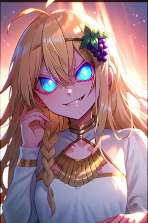 1girl, solo, blonde hair, long hair,hair between eyes, blue eyes,ahoge, braid, hair ornament, grapes, hair ornament, white dress, long sleeves, gradient dress, layered dress, dress, white dress, (sitting:1.1), (trone, gold trone:1.2), palace, (evil smile, evil eyes:1.4), upper body, closed mouth, hand on head, head leaning on hand, blue eyes