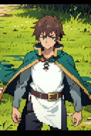 anime, short hair, brown hair, green eyes, cape, green cape, white shirt, black pants, brown belt, 1boy, serious, pixelart