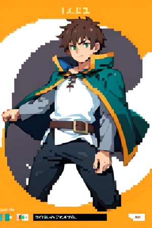 anime, short hair, brown hair, green eyes, cape, green cape, white shirt, black pants, brown belt, 1boy, serious, pixelart