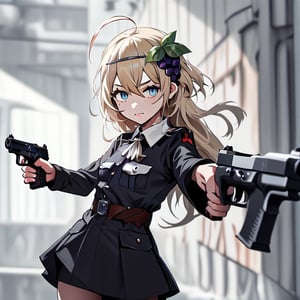 1girl, solo, blonde hair, long hair, hair between eyes, blue eyes, ahoge, bair, hair ornament, grapes ornament, nazi uniform, long sleeves, fbi uniform, crime scene background, pointing a gun at the camera, xuer pistol, black uniform, small breasts, 1 pistol, collar, nazi uniform, tgag, nazi, 