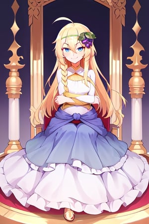 1girl, solo, blonde hair, long hair,hair between eyes, blue eyes,ahoge, braid, hair ornament,grapes, blue dress, long sleeves, gradient dress, layered dress, dress, white dress, (sitting:1.1), (trone, gold trone:1.2), pose, palace, evil smile, evil eyes, posing