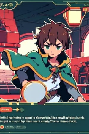 anime, short hair, brown hair, green eyes, cape, green cape, white shirt, black pants, brown belt, 1boy, serious, pixelart