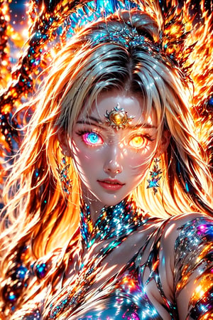 (Sailor Moon|,goddess,|bride),(glowing blond hair:1.2),(fire eyes),(glowing eyes),Alien planet,(Black and white entanglement),(silver and crystal entanglement),High Detail,masterpiece,best quality,more detail,Hyper Quality,detailed,more detail
,glow