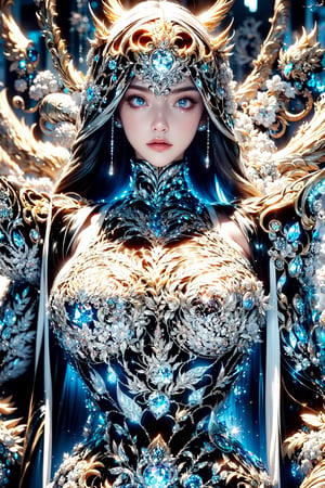 (Saint Seiya,Female Paladin,Iron Woman),(black and white entanglement),(crystal and silver entanglement),(Intricate bare costume design:1.5),High Detail,masterpiece,best quality,more detail,Hyper Quality,detailed,more detail,Texture-rich,Delicate texture