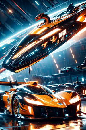 (spaceship | racing car| dragon pattern ),glowing_bits,street