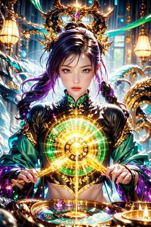 (female Taoist priest),Taoist magic figure,green and purple entanglement,crystal and silver entanglement,