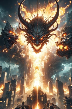 (Demon face|gaint:1.2),(spit a big light),Exploding city,Dynamic visual effects