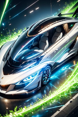 The magic pattern on the high-tech car extend outwards to form a (magic_circle),(racing car),(Complex luminous car structure design),(green plasma electromagnetic shield),crystal and silver entanglement,blacke background