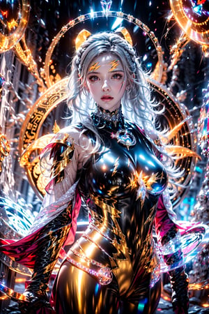 iron woman, ( brightness crystal armor:1.5),Starry night sky ,Outer space view,Edge light,fox ears,glowing frontlet,dragon facial_pattern,lightning eye,glowing eye, (silver hair:1.3),(heart tattoo:1.3),goddess,naked,(royal pattern shawl :1.3),(choker with silver lace:1.3),(Gorgeous crystal cloak:1.3),(shibari with black lace:1.3),above the waist,(yinyang magic_circle:1.3)