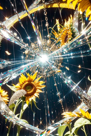(sunflowers),(crystal magic_circle),Black and white entanglement,crystal and silver entanglement,
