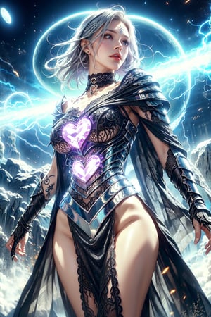 iron woman, ( brightness crystal armor:1.5),Starry night sky ,Outer space view,Edge light,fox ears,glowing frontlet,dragon facial_pattern,lightning eye,glowing eye, (silver hair:1.3),(heart tattoo:1.3),goddess,naked,(royal pattern shawl :1.3),(choker with silver lace:1.3),(Gorgeous crystal cloak:1.3),(shibari with black lace:1.3),above the waist,(yinyang magic_circle:1.3)