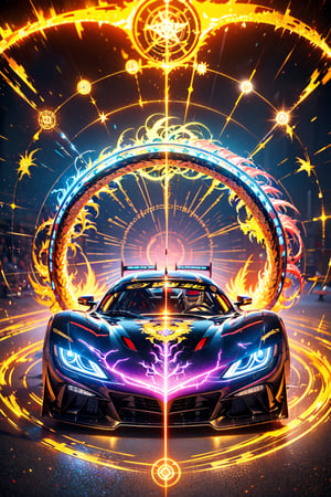 The magic pattern on the high-tech car extend outwards to form a (magic_circle),(racing car,dragon pattern),(Complex luminous car structure design:1.2),(pink plasma electromagnetic shield),crystal and silver entanglement,(on colud road),spit big dragon light