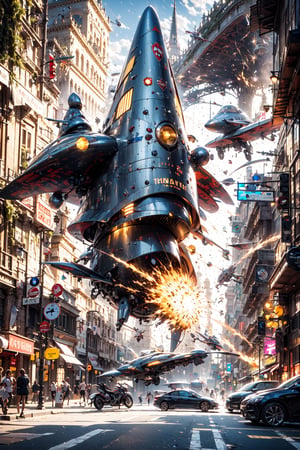 spaceship,street scenery,explode,(thin)