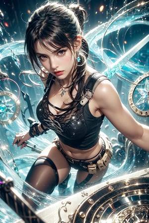 (tifa,V-string),(sword wheel),(crystal magic_circle),Black and white entanglement,crystal and silver entanglement,