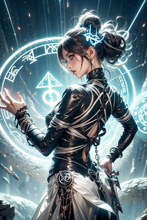 (gaia,goddess),(runes magic_circle),Black and white entanglement,crystal and silver entanglement, hand_back , shibari with (runes magic_clrcle)