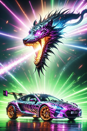 The magic pattern on the high-tech car extend outwards to form a (magic_circle),(racing car,tiger pattern),(Complex luminous car structure design),(pink plasma electromagnetic shield),crystal and silver entanglement,(on colud road),spit big dragon light,(tiger background),openmouth