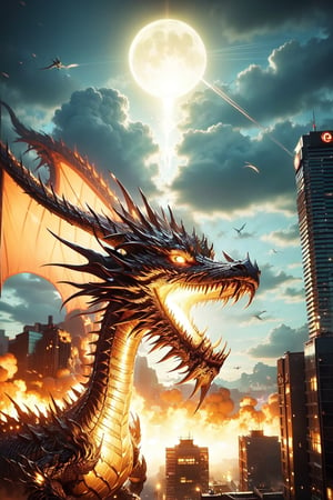 King Ghidorah,mouth_open,spit a big light,city