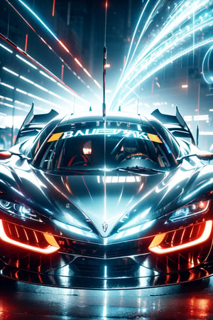 The magic pattern on the high-tech car extend outwards to form a (magic_circle),(racing car),(Complex luminous car structure design),(white plasma electromagnetic shield),crystal and silver entanglement,blacke background