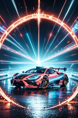 The magic pattern on the high-tech car extend outwards to form a (magic_circle),(racing car),(Complex luminous car structure design),(pink plasma electromagnetic shield),crystal and silver entanglement,blacke background