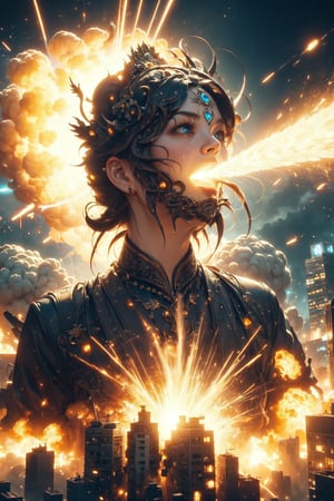 (goddess face|gaint:1.2),(spit a big light),Exploding city,Dynamic visual effects