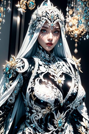 (Saint Seiya,Female Paladin,Iron Woman),(black and white entanglement),(crystal and silver entanglement),(Intricate costume design:1.5),High Detail,masterpiece,best quality,more detail,Hyper Quality,detailed,more detail,Texture-rich,Delicate texture