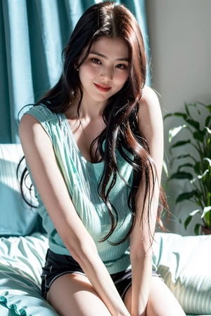 A stunning young woman wearing random see-through color shorts in her 20s exudes confidence and allure,  ligh smile,  bed bed room,  lying , glowing, perfect, colorful_girl_v2, hand