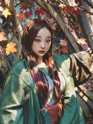 Druid, (autumn, autumn leaves), orange hair, green eyes, nature, forest, witchcraft, , Strong and vibrant colors 64k, variation-imagine --s2,cibertribal,1girl,gahyeon,hyelin