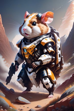 "Illustrate a charming scene of a cute hamster standing in a mars mountain. Also holding a big high-tech and detail-oriented laser rifle on its hands. Its arms, legs, and body are covered with mechanical structure parts. With a jetpack on his back. Capture the hamster's adorable surprise and shock as it looks directly at the viewer. Creating a playful and entertaining visual narrative. nousr robot masterpiece, best quality, fantasy painting of beautiful cyborg hamster, warframe style, black gold, white-silver, ultra-detailed, ambient light, volumetric lighting, reflection of light, reflective lighting, sharp focus, battle pose, face and head focus."