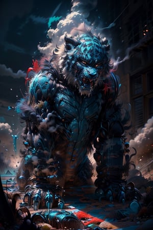 Hyperrealistic art, (a mixed beast body of tiger and ape), ((crawling-posture:2)), (black-cyan-red color:1.75), china_style, outdoors, (four huge fangs:1.5), (open_mouth:1.75), fluffy, (long tail), solo, only one creature, (no_humans:1.5), glowing red eyes, sky, day, china_scenery, smoke, cinematic lighting, strong contrast, high level of detail, best quality, masterpiece, extremely high-resolution details, photographic, realism pushed to extreme, fine texture, incredibly lifelike, cloud, winds, ((by Kekai Kotaki:1.5)), sketch, BJ_Sacred_beast