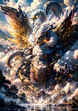 Hyperrealistic art, (a mixed huge creature of eagle snake), (gold color:1.75), indian_style, outdoors, flying-pose, (huge wings:1.5), claws, glowing red eyes, sky, teeth, day, (no_humans), scenery, smoke, mountain, 
cinematic lighting, strong contrast, high level of detail, best quality, masterpiece, extremely high-resolution details, photographic, realism pushed to extreme, fine texture, incredibly lifelike, cloud, winds, ((by Kekai Kotaki:1.5)), sketch, BJ_Sacred_beast