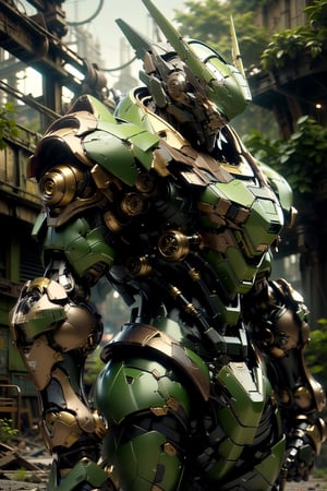 8k, gundam, solo, robot eyes, robot face, robot, glowing, robot, mecha, science_fiction, holding_weapon, cinematic lighting, strong contrast, high level of detail, best quality, masterpiece, ruins background, mechainjectionKA, warframe style, ambient light, volumetric lighting, reflective lighting, sharp focus, battle pose, (green|brown armor:1.5), (tree element), ROBOTANIMESTYLE