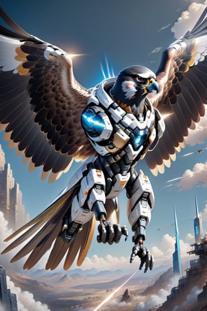 "Illustrate a charming scene of a cute falcon flying in the sky. Also equip a big high-tech laser rifle on its back. Its whole body is covered with metal mechanical structure parts, including its wings, claws, feathers, and beak.
4k, nousr robot masterpiece, best quality, fantasy painting of beautiful cyborg falcon, warframe style, black-gold color, ultra-detailed, ambient light, volumetric lighting, reflective lighting, sharp focus, flying pose, no humans, mecha-animal form, c1bo, the whole falcon will just fit the image."