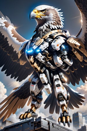 "Illustrate a charming scene of a cute eagle flying in the sky. Also equip a big high-tech laser rifle on its back. Its whole body is covered with metal mechanical structure parts, including its wings, claws, and beak.
4k, nousr robot masterpiece, best quality, fantasy painting of beautiful cyborg eagle, warframe style, black-gold color, ultra-detailed, ambient light, volumetric lighting, reflective lighting, sharp focus, flying pose, no humans, mecha-animal form, c1bo, focus on the whole eagle view."