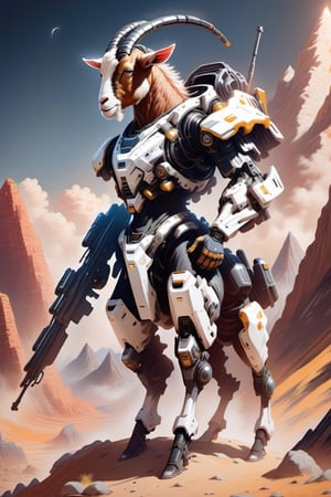"Illustrate a charming scene of a cute Goat standing on a mars mountain with two feet. Also it holds a big high-tech and detail-oriented laser rifle in its hands. Its arms, legs, and body are covered with mechanical structure parts. With a jetpack on its back. Capture the Goat's adorable surprise and shock as it looks directly at the viewer. Creating a playful and entertaining visual narrative. nousr robot masterpiece, best quality, fantasy painting of beautiful cyborg Goat, warframe style, black gold, white-silver, ultra-detailed, ambient light, volumetric lighting, reflection of light, reflective lighting, sharp focus, battle pose, face and head focus, mecha, robot, exquisite firearms, detailed gun."