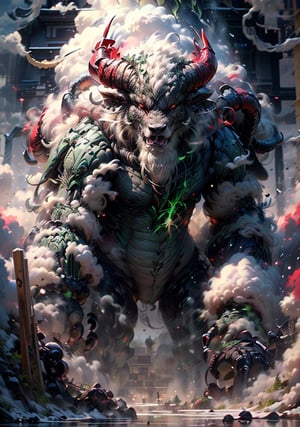 Hyperrealistic art, (a mixed beast of dragon and goat), ((
crawling-posture:1.75)), (black-red-green color:1.75), china_style, outdoors, perfect_claws, (four huge horns:1.5), (a huge open mouth on belly:1.5), solo, (no_humans:1.5), glowing red eyes, sky, (only one head face and mouth), day, china_scenery, smoke, cinematic lighting, strong contrast, high level of detail, best quality, masterpiece, extremely high-resolution details, photographic, realism pushed to extreme, fine texture, incredibly lifelike, cloud, winds, ((by Kekai Kotaki:1.5)), sketch, BJ_Sacred_beast