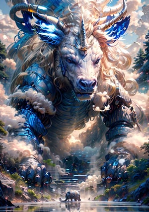 Hyperrealistic art, ((a huge unicorn beast)), ((crawling-posture:1.5)), (blue-silver-white color:2), (single huge horn), (four legs:1.25), outdoors, solo, (no_humans:1.5), glowing gold eyes, sky, day, Europe_scenery, smoke, cinematic lighting, strong contrast, high level of detail, best quality, masterpiece, extremely high-resolution details, photographic, realism pushed to extreme, fine texture, incredibly lifelike, cloud, winds, (Europe style), (forest theme), ((by Kekai Kotaki:1.5)), sketch, BJ_Sacred_beast
