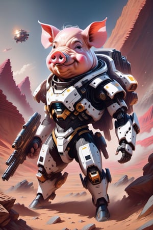 "Illustrate a charming scene of a cute Pig standing on a mars mountain with two feet. Also it holds a big high-tech and detail-oriented laser rifle on its hands. Its arms, legs, and body are covered with mechanical structure parts. With a jetpack on its back. Capture the Pig's adorable surprise and shock as it looks directly at the viewer. Creating a playful and entertaining visual narrative. nousr robot masterpiece, best quality, fantasy painting of beautiful cyborg Pig, warframe style, black gold, white-silver, ultra-detailed, ambient light, volumetric lighting, reflection of light, reflective lighting, sharp focus, battle pose, face and head focus, mecha, robot, exquisite firearms, detailed gun."